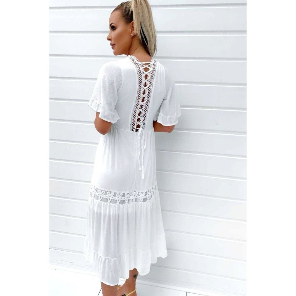 White Crochet Trim Short Sleeve V-Neck Midi Dress - Picture 4 of 8